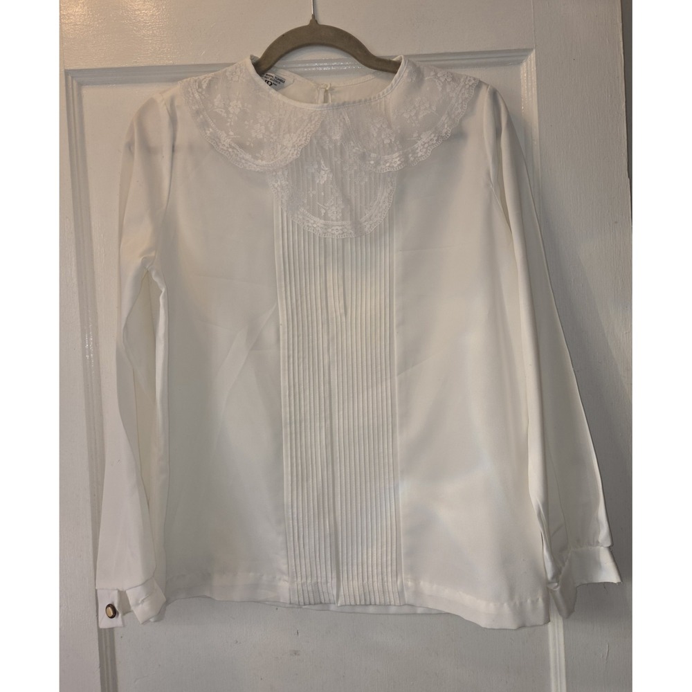 Vintage 80's Blair White Lace Peter Pan Collar Long Sleeve Pleated Blouse L